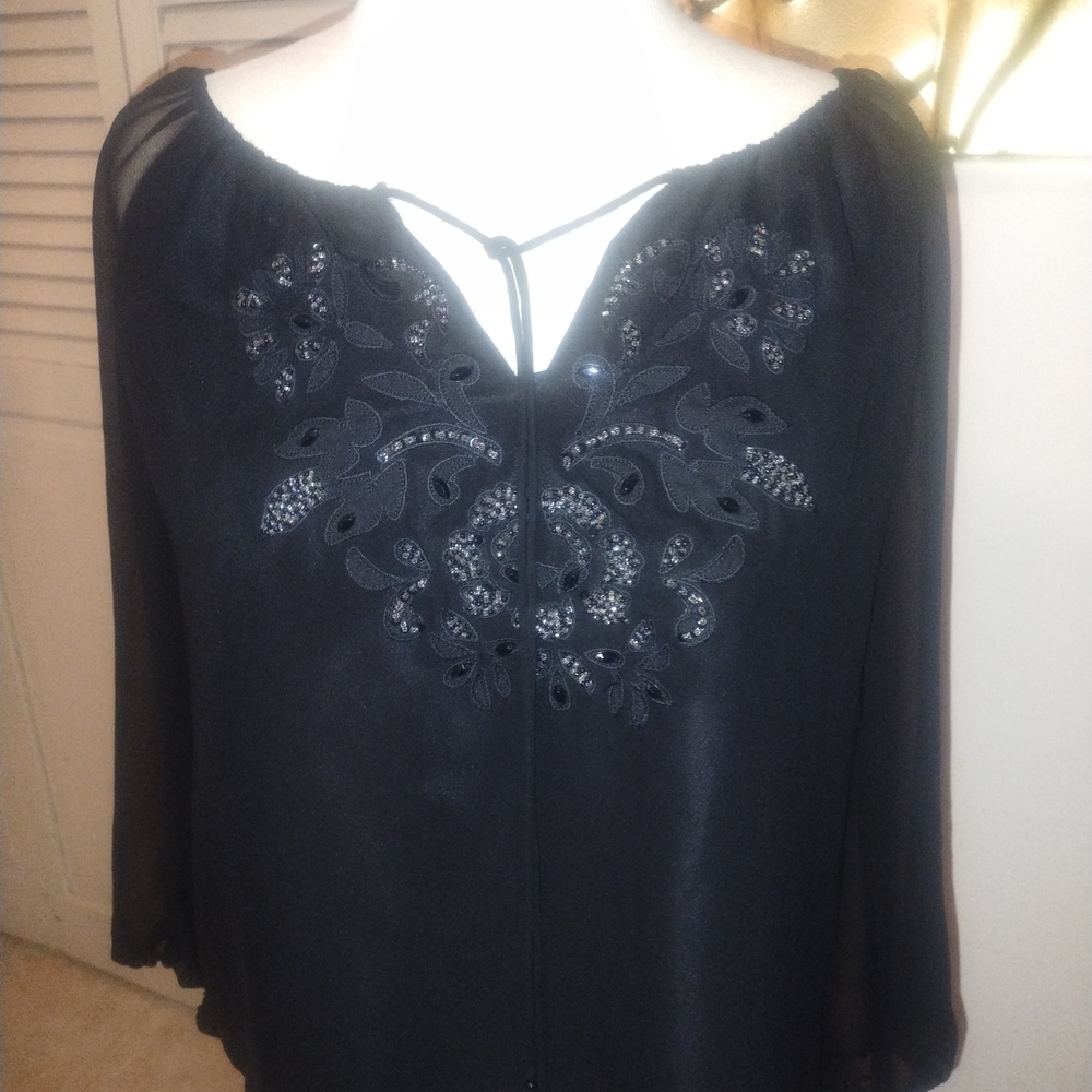 Peter Nygard Black Sheer Embroidered Blouse